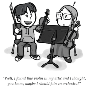 Cartoon illustration of two musicians with violins